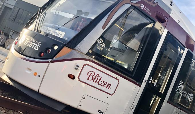 Edinburgh Tram renamed Blitzen for the festive season. 
