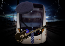 a tram photoshopped with a guitar, hat and tie