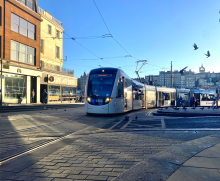 Edinburgh Tram son track heading towards St Andrew Square tram stop