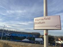 Edinburgh Trams Murrayfield Stadium tram stop with Murrayfield Stadium in the background