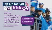 'Tap on Tap Off Kick Off' graphic with a group of children cheering on a game