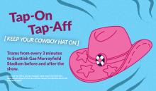 'Tap On Tap Off keep your cowboy hat on' graphic with cowboy hat