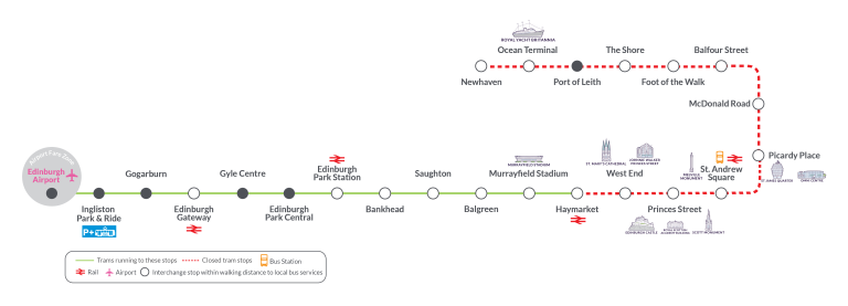 Edinburgh Trams stop map with closed stops from Haymarket to Newhaven