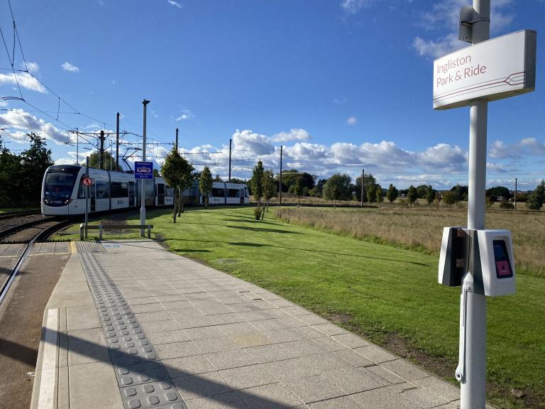 Tram approaching Ingliston Park & Ride tram stop