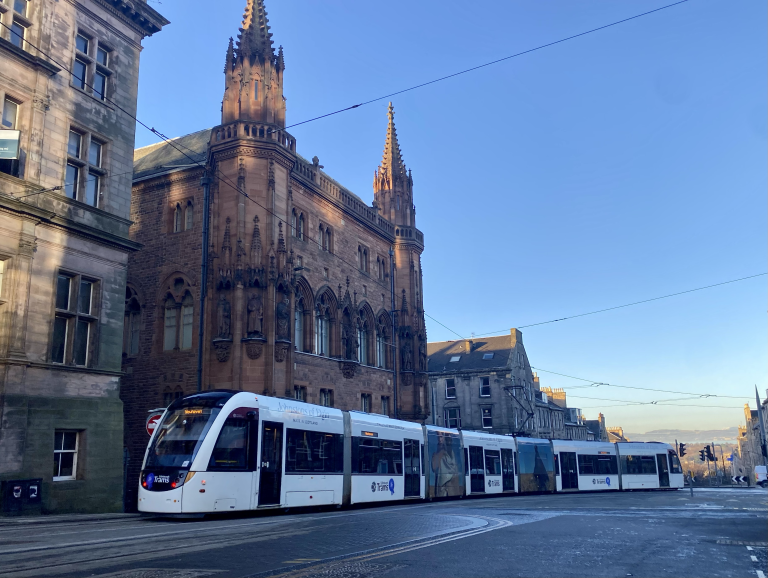 Tram passing through Edinburgh and heading towards Picardy Place tram stop