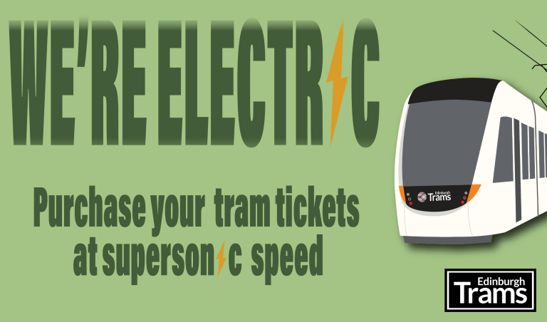 campaign image for Oasis at Murrayfield Stadium. Text reads: we're electric. Purchase your tram tickets at supersonic speed