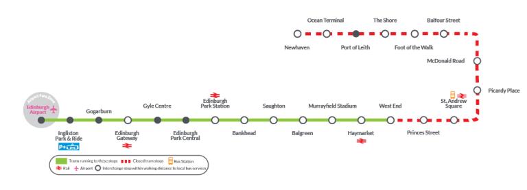 A map of the tram way, with all stops beyond West End marked as closed.