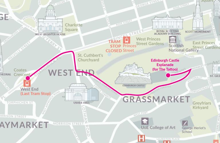 A walking map depicting the route from West End to Edinburgh Castle for the Tattoo