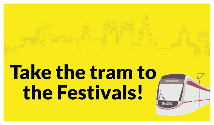 Take the tram to the festivals. Yellow image with tram and skyline of Edinburgh