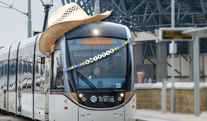 tram at Murrayfield with cowboy hat and friendship bracelet for Taylor Swift