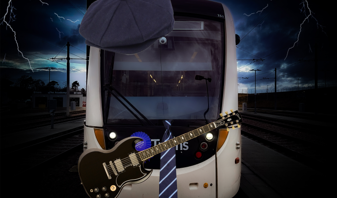 a tram photoshopped with a guitar, hat and tie