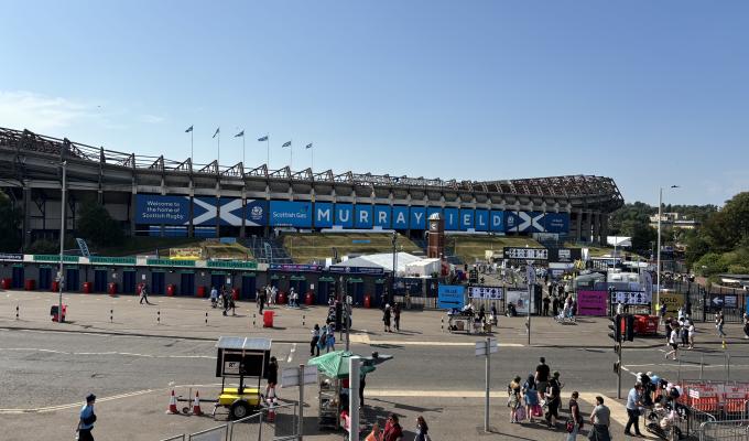 Murrayfield Stadium from the Edinburgh Trams Murrayfield Stadium tram stop on the day of one of the Oasis concerts