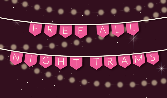 an image of a banner over a dark background with stars. Banner reads 'Free All Night Trams'