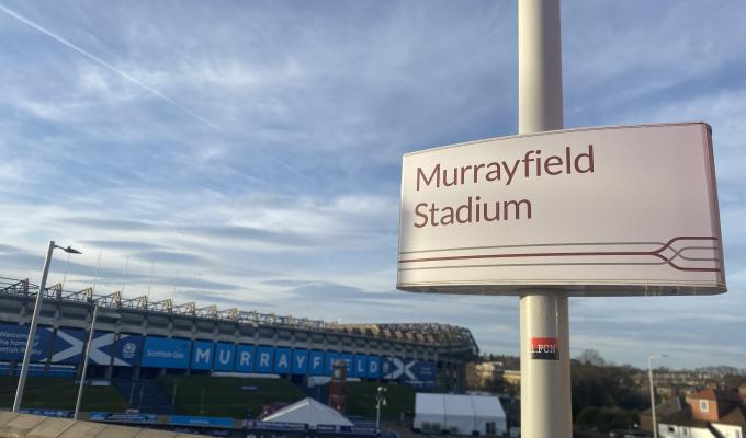 Edinburgh Trams Murrayfield Stadium tram stop with Murrayfield Stadium in the background