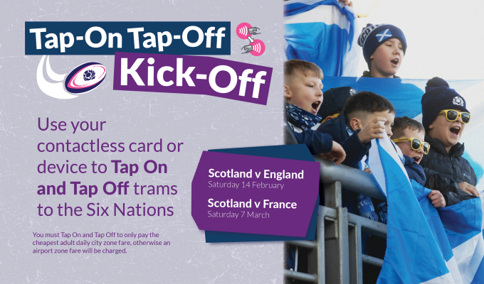 'Tap on Tap Off Kick Off' graphic with a group of children cheering on a game