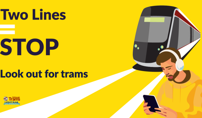 Two Lines = Stop. Look out for trams campaign with bright yellow background and a person with headphones on listening to their phone as a tram approaches