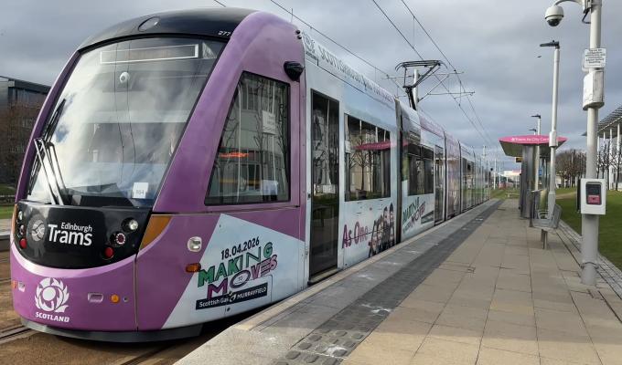 Scottish Women's Rugby tram at Edinburgh Park Central tram stop