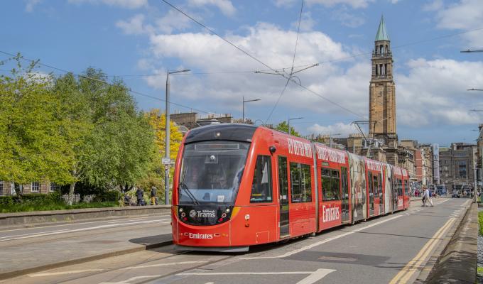 Tram at West End in Edinburgh